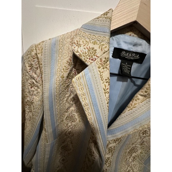 Peck & Peck Women's Blue Stripe Floral Embroidered Tapestry‎ Blazer Size 6 Lined - Picture 3 of 11
